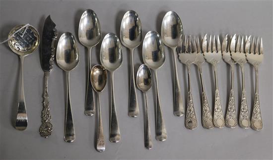 A set of six James Dixon Italian pattern silver oyster forks and sundry Georgian and later silver flatware,